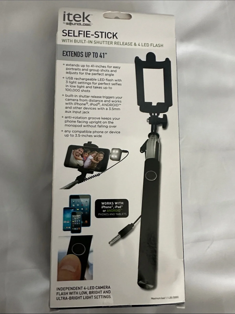 Selfie-Stick with Built-In Shutter Release & 4-LED Flash - Black